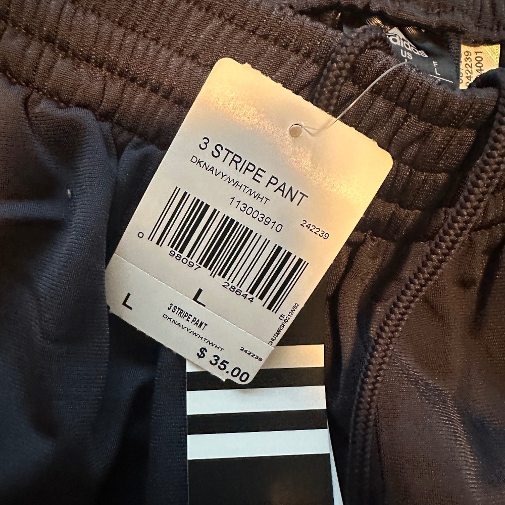 Adidas Mens Large NWT Navy 3 Stripe Pant